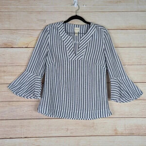 Chico's Size 0(US 4) Blue White Striped Blouse Notch Neckline Fluted Sleeve
